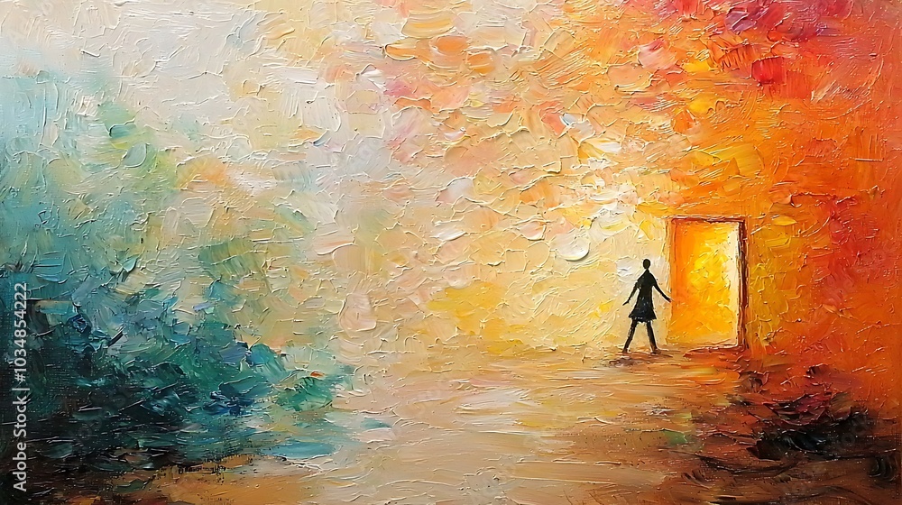 Poster emerging from shadows a journey towards the light of possibility in an abstract world of color and e