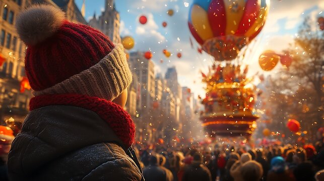 A child bundled in a warm coat, watching in awe as a colorful Thanksgiving parade float moves past, balloons and floats towering above, the excitement of the crowd surrounding them,