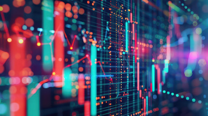 Obraz premium Dynamic financial data visualization with abstract graphs, candlestick charts, and digital grids. Futuristic stock market analysis concept in vibrant neon colors, representing big data
