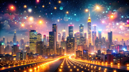 Fototapeta premium Vibrant City Skyline with Glittering Lights at Night. Perfect for: New Year's Eve, City Festivals, Urban Events