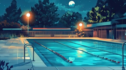 A Nighttime View of an Empty Swimming Pool with Lanterns