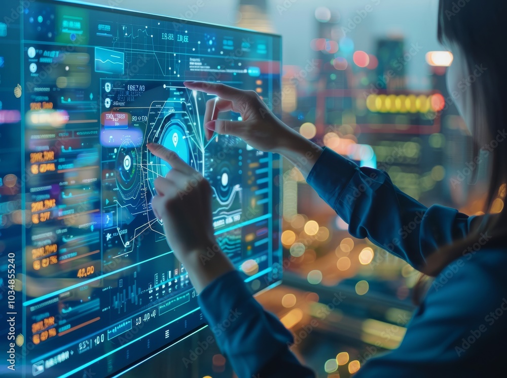 Poster a person interacting with a digital touchscreen display showcasing data analytics in a city skyline 