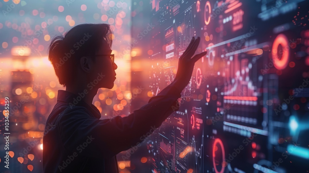 Poster a person interacts with digital data displays in a modern workspace during twilight, showcasing tech