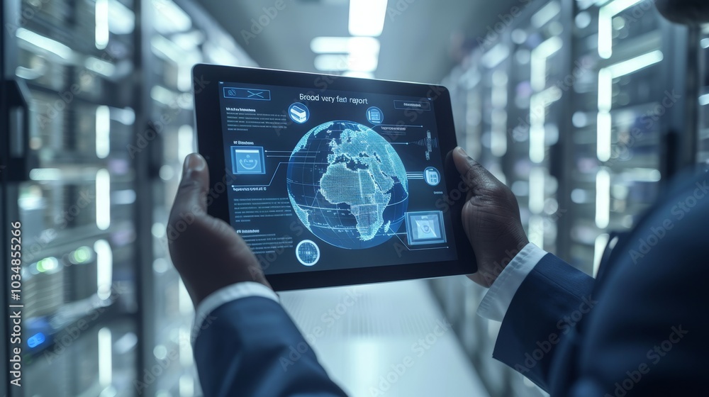 Poster a professional analyzing global data on a digital tablet in a modern data center