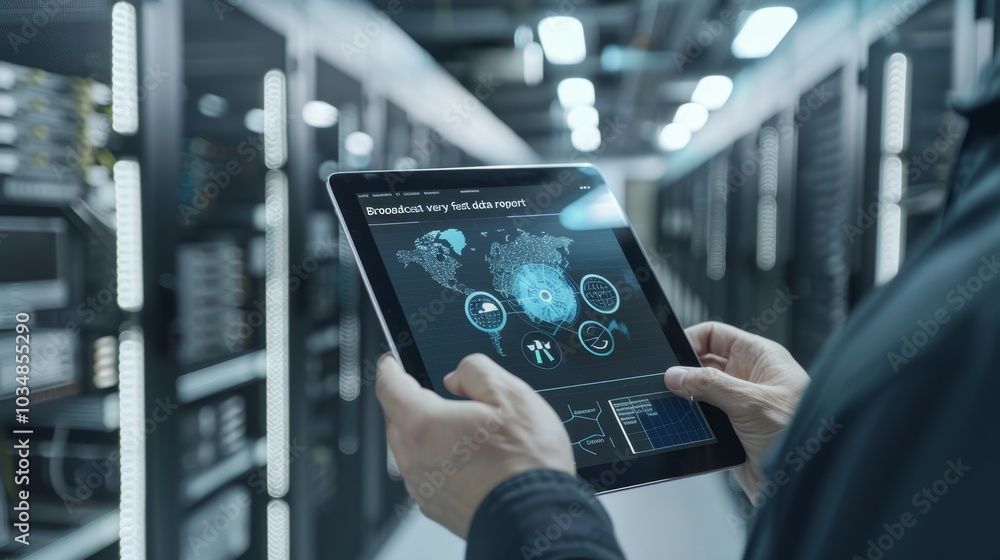 Poster a technician reviews a detailed data report on a tablet inside a high-tech server room during a late