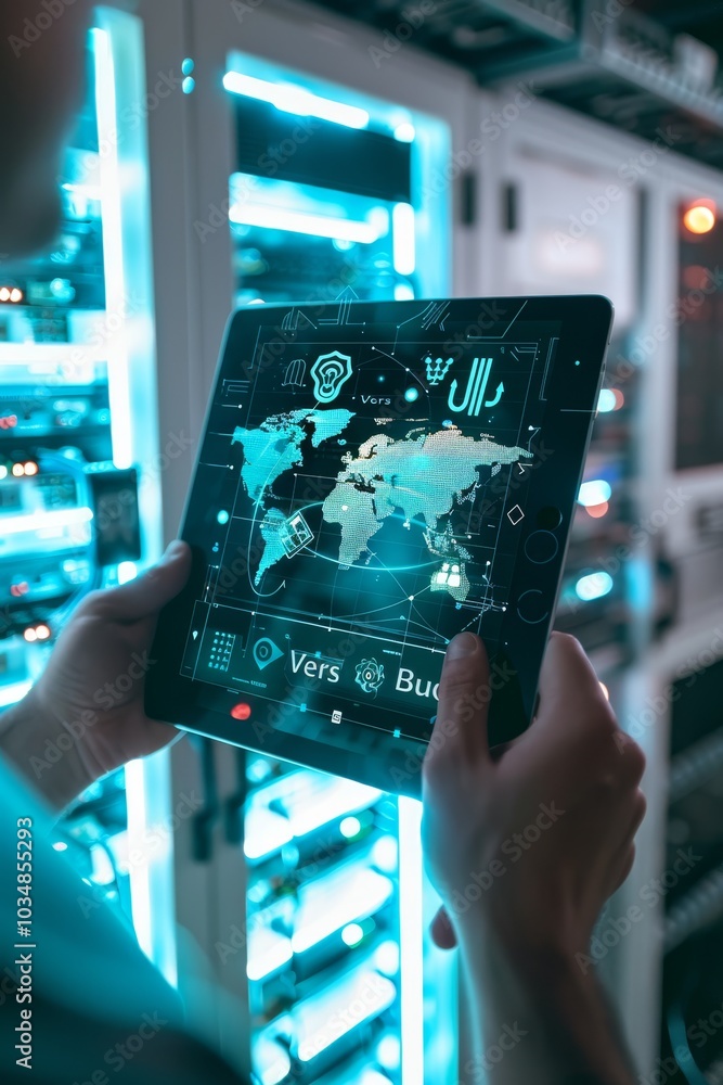 Poster a person monitors global data trends on a tablet in a server room filled with illuminated storage un