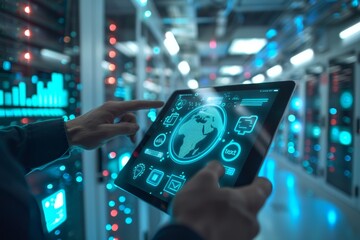 A person using a digital tablet to analyze global data trends in a high-tech server room during the evening hours