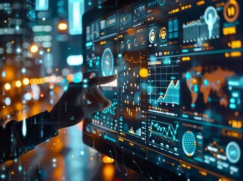 A person interacts with a digital dashboard displaying analytics and charts in a bustling city at night, illuminated by vibrant lights