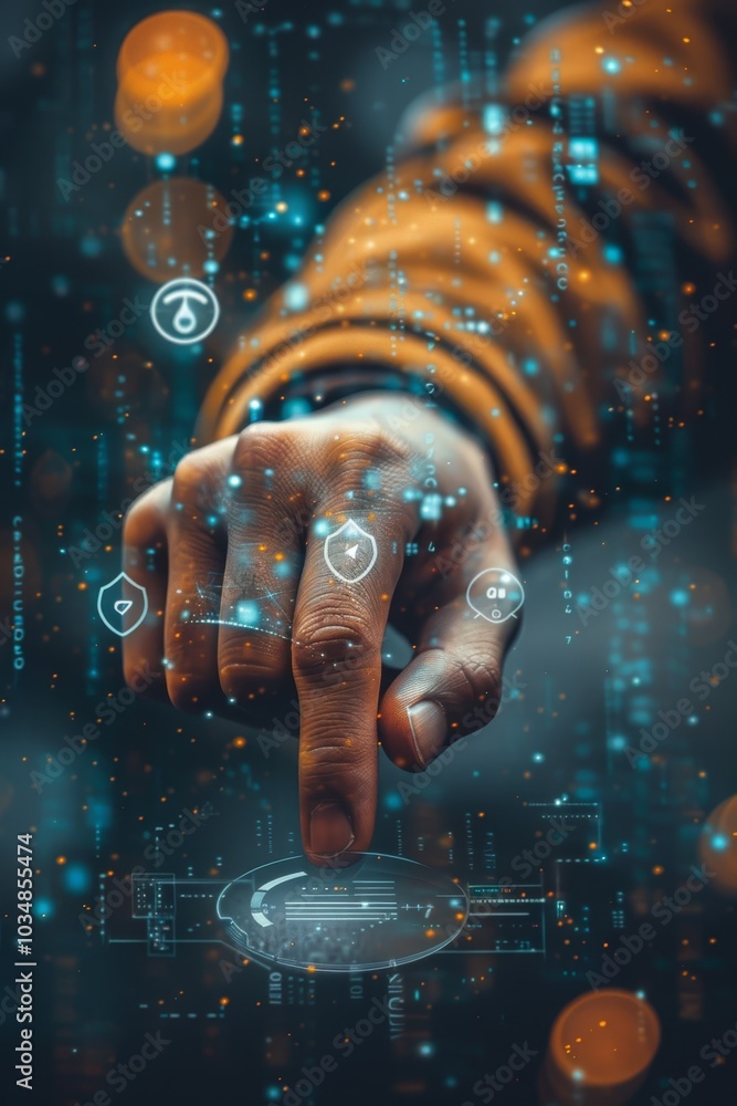 Poster a person interacts with a digital interface featuring floating icons and data streams in a futuristi