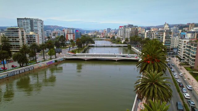 Aerial view of Marga Marga Estuaries in Vi&ntilde;a del Mar City at Daylight, Chile
