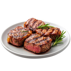 Lamb steak on a plate, isolated on a white background, elegantly displayed to highlight its culinary excellence. cutout png