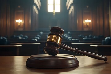 Gavel on Judge's Bench in Majestic Courtroom Setting