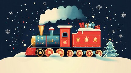Christmas gift bag with a toy train in a flat design, front view, Christmas morning theme, cartoon drawing, colored pastel