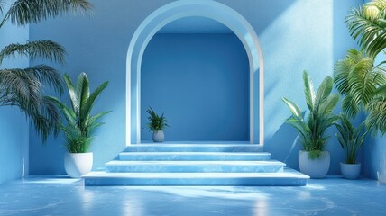 Blue Minimalist Interior with Arched Entryway and Steps