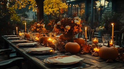 A cozy Thanksgiving table setting, pumpkins and autumn leaves arranged as the centerpiece, candles glowing warmly, rustic wooden table, elegant cutlery and plates, soft light creating a warm,