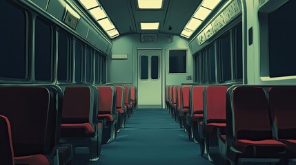 Fototapeta premium Empty train car interior with red seats and a closed door