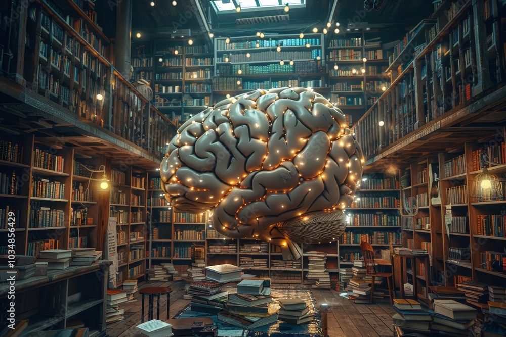 Poster a surreal brain surrounded by books in a dimly lit library filled with knowledge