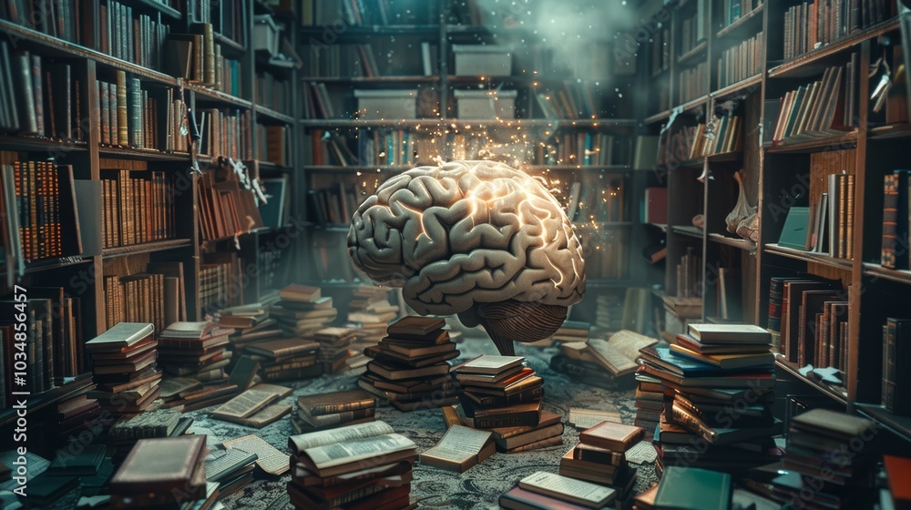 Aufkleber a glowing brain floats above a cluttered library filled with books, representing knowledge and imagi