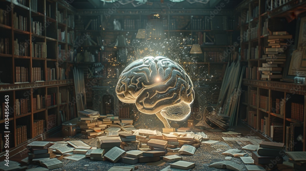 Aufkleber a surreal library scene with a floating brain glowing amidst scattered books illuminating knowledge 