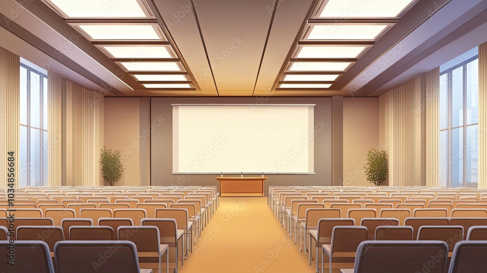Poster empty auditorium with projector screen and rows of seats