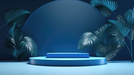 Obraz premium Blue Product Display with Tropical Leaves and Circle Background