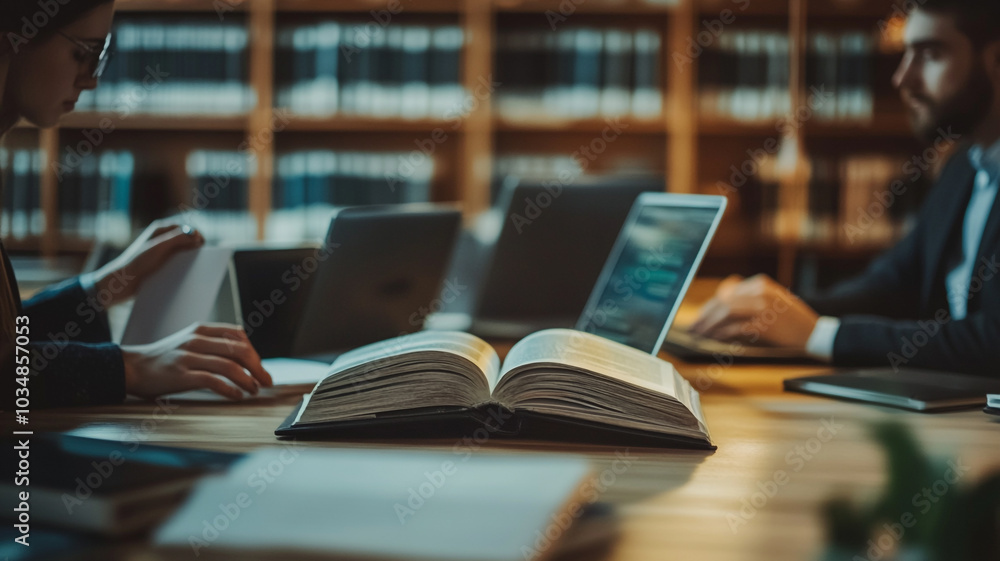 Poster focused study session in a library with books and laptops during early evening