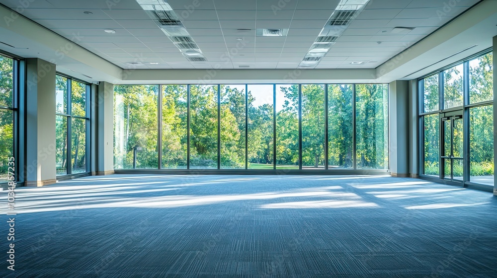 Poster empty modern office space with large windows and view of trees