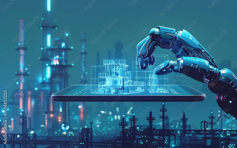 Poster a robotic hand interacting with a digital model above a tablet in a futuristic industrial setting at