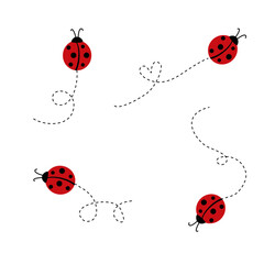 Ladybugs flying on dotted route icon set isolate on white background.