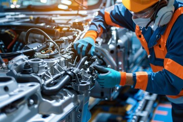Mechanic working on engine assembly in a modern automotive workshop during the day