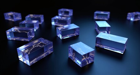 Periwinkle translucent rectangular prisms on a black background with smooth, mirror-like surfaces. A hyper-realistic 3D render in super HD quality.