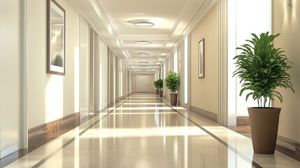 Fototapeta premium A Luxurious Hallway with White Walls, Marble Floor, and Potted Plants