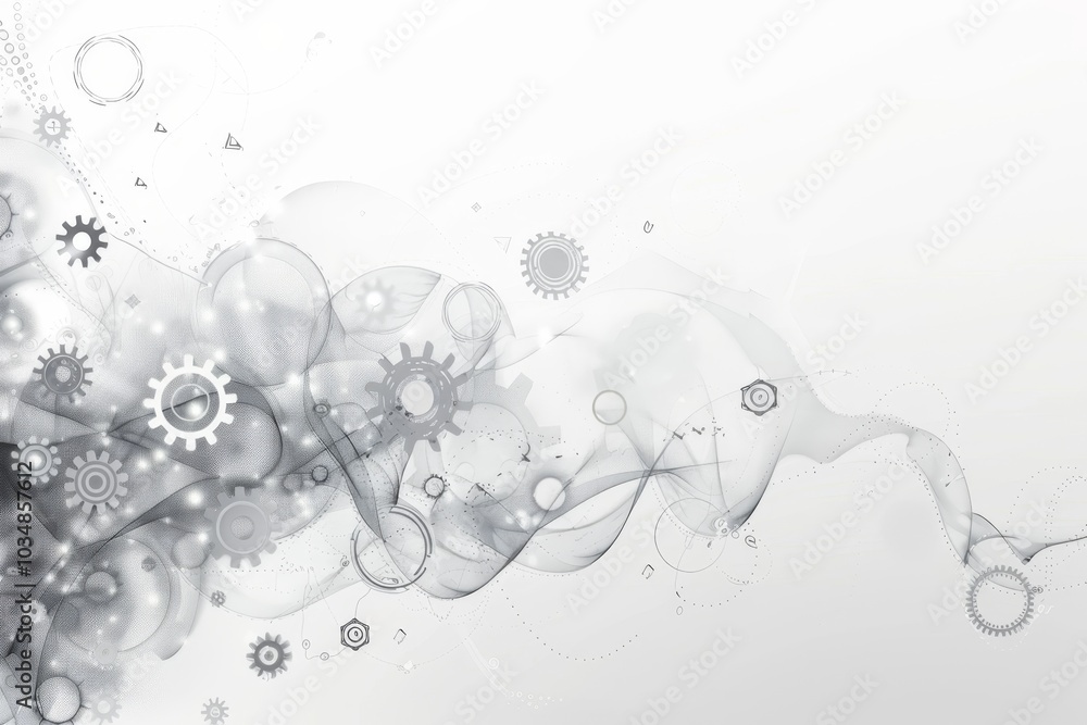 Poster abstract representation of mechanical gears and flowing lines in a grey and white color scheme with 