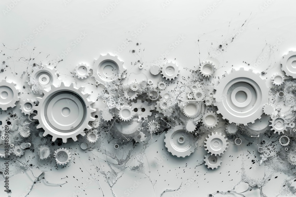 Poster intricate arrangement of white gears and cogs on a textured background illustrating mechanical desig