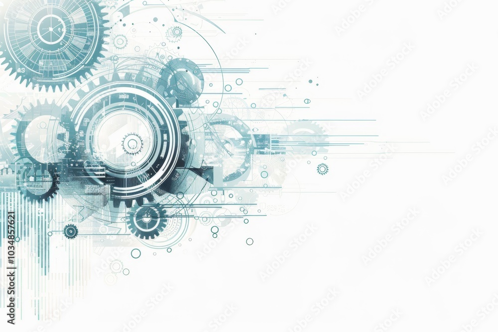 Poster abstract design featuring gears and mechanical elements in a futuristic style with cool tones and dy