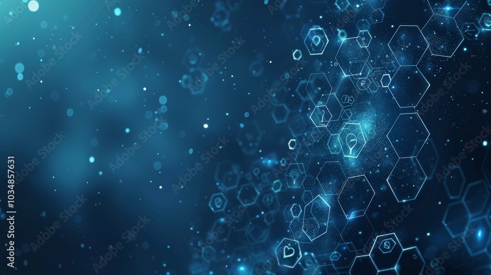 Poster abstract blue hexagonal patterns and glowing elements create a digital landscape reflecting technolo