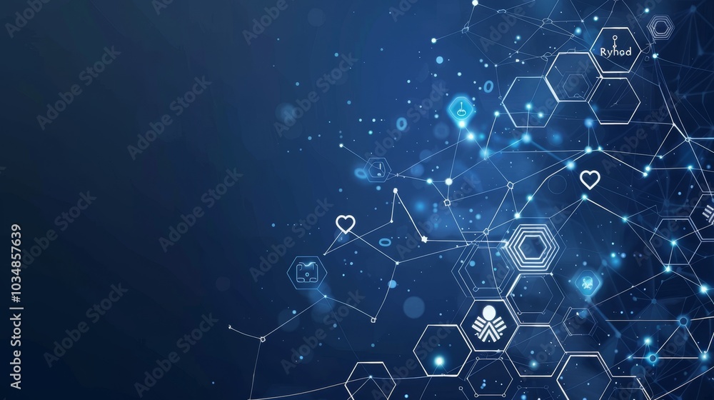 Poster abstract digital network design with hexagonal shapes and glowing icons on a deep blue background in