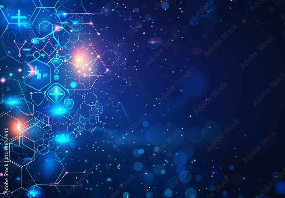 Poster abstract digital background with glowing hexagons and bright particles in deep blue, representing co