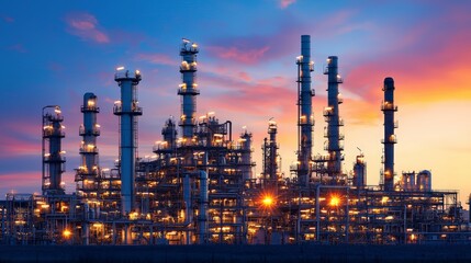 Fototapeta premium Oil refinery plant at sunset