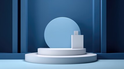 Abstract Geometric Display with a White Platform and a Blue Oval in a Blue Room