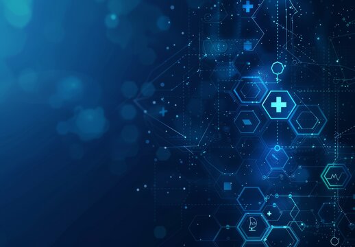Abstract digital background featuring health and science icons on a blue gradient