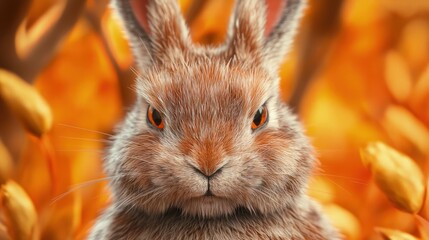 Plush angry rabbit with cute yet fierce expression amidst a vibrant, colorful background