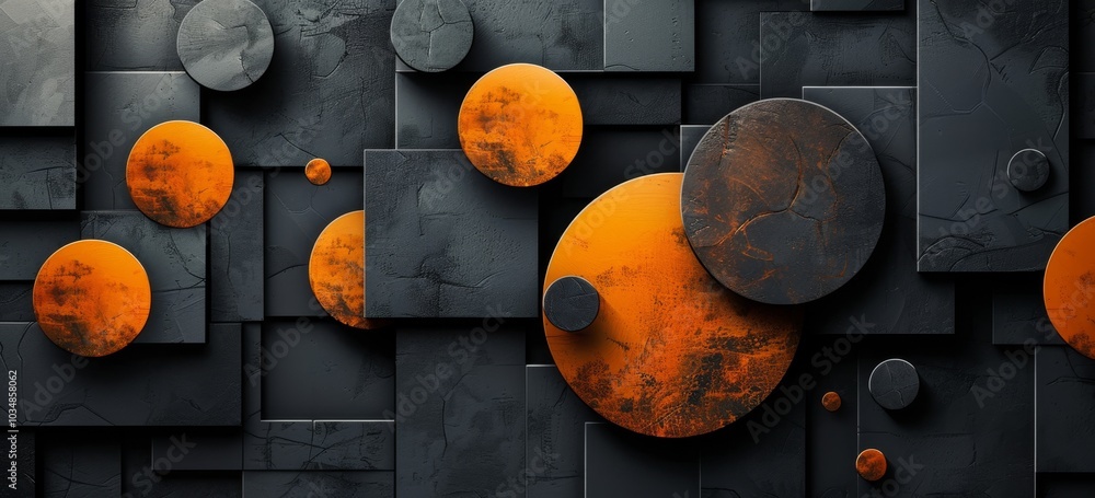 Poster abstract geometric composition featuring circular and square shapes in orange and black tones on a t