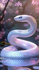 Fototapeta premium Mystical white snake with iridescent scales coiled around hill by serene lake in photorealistic detail