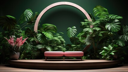 Two Pink Benches Surrounded by Lush Greenery and an Archway