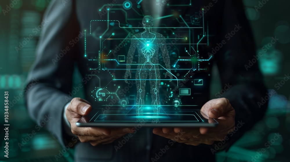 Poster a person in a suit holds a tablet displaying a digital hologram of a human figure amidst high-tech g