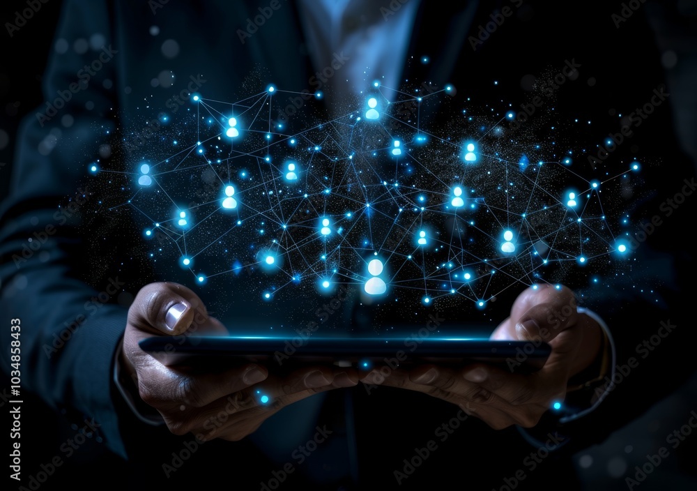 Poster business professional holding a tablet as digital connections and data networks illuminate in a dark