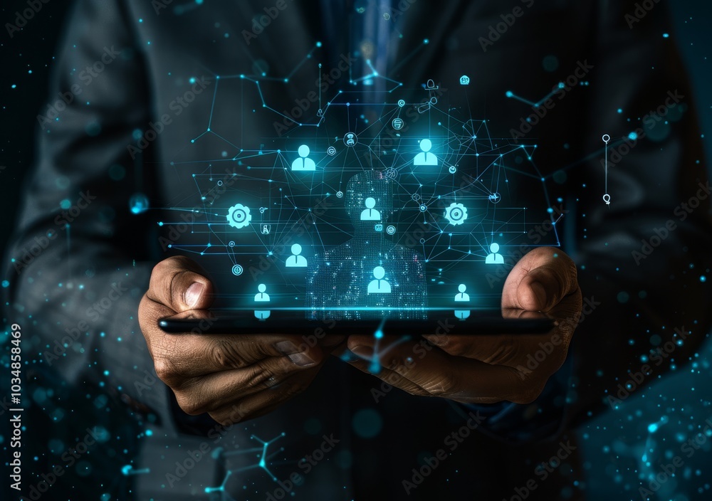 Aufkleber professional holding a tablet displaying digital connections and user icons in a dark environment