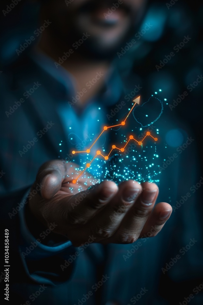 Poster a business professional displaying a glowing upward trend in graphs while presenting innovative fina