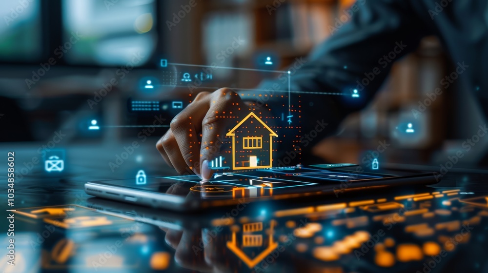 Poster a person interacting with a digital interface for home automation in a modern workspace during the d